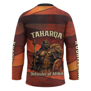 Taharqa Hockey Jersey with Warrior Portrait, Lion of Kush Title and Bold Red Defender of Africa - African Pride