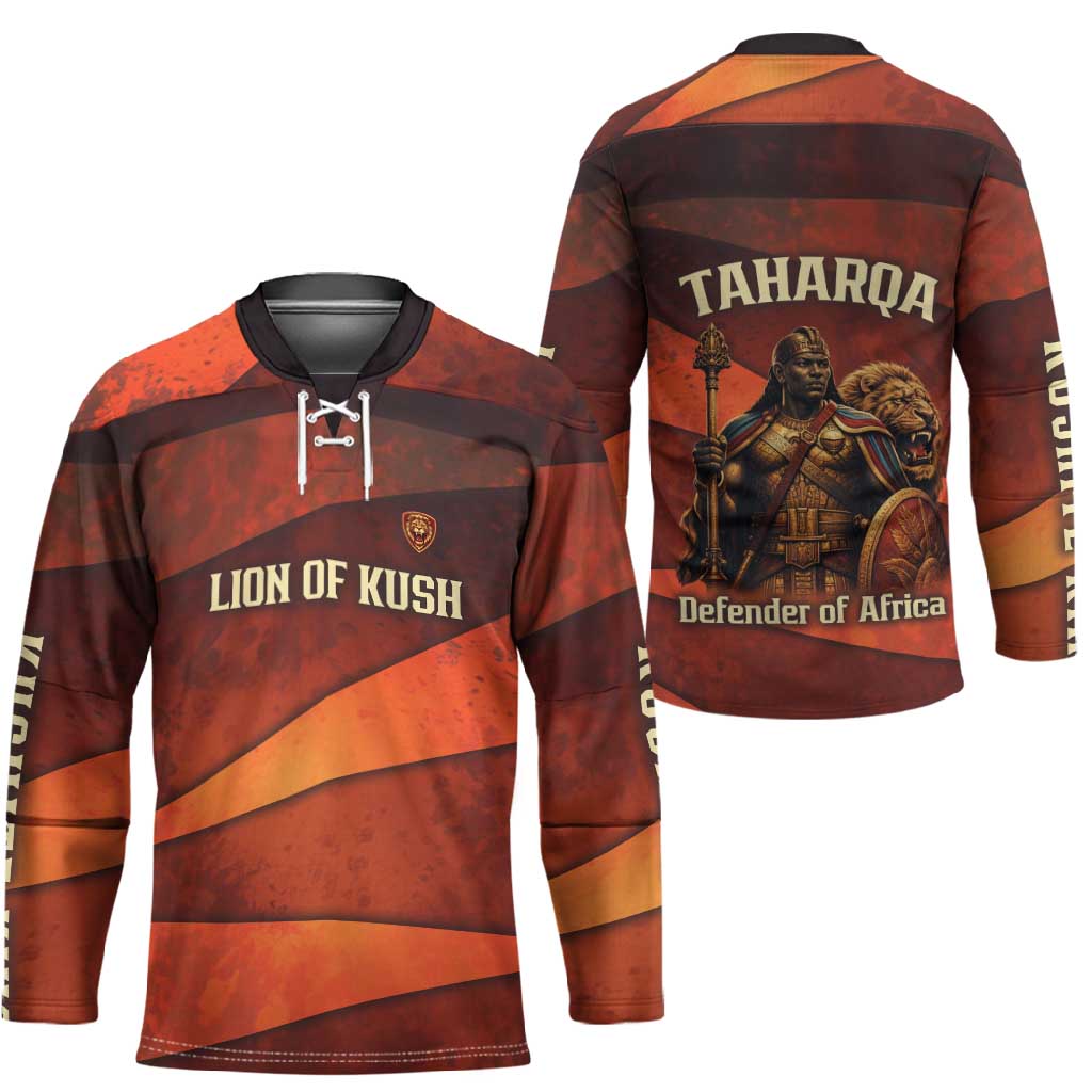 Taharqa Hockey Jersey with Warrior Portrait, Lion of Kush Title and Bold Red Defender of Africa - African Pride