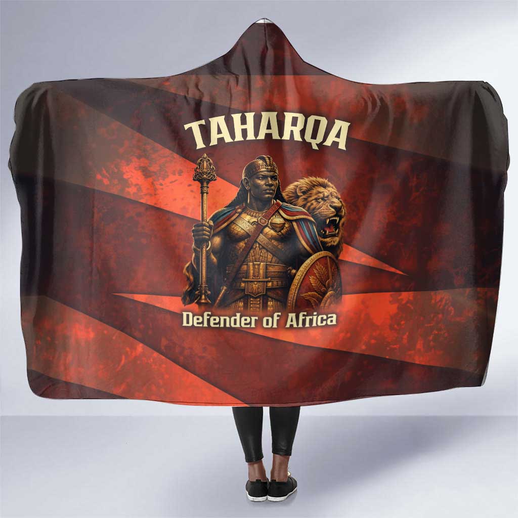 Taharqa Hooded Blanket with Warrior Portrait, Lion of Kush Title and Bold Red Defender of Africa - African Pride