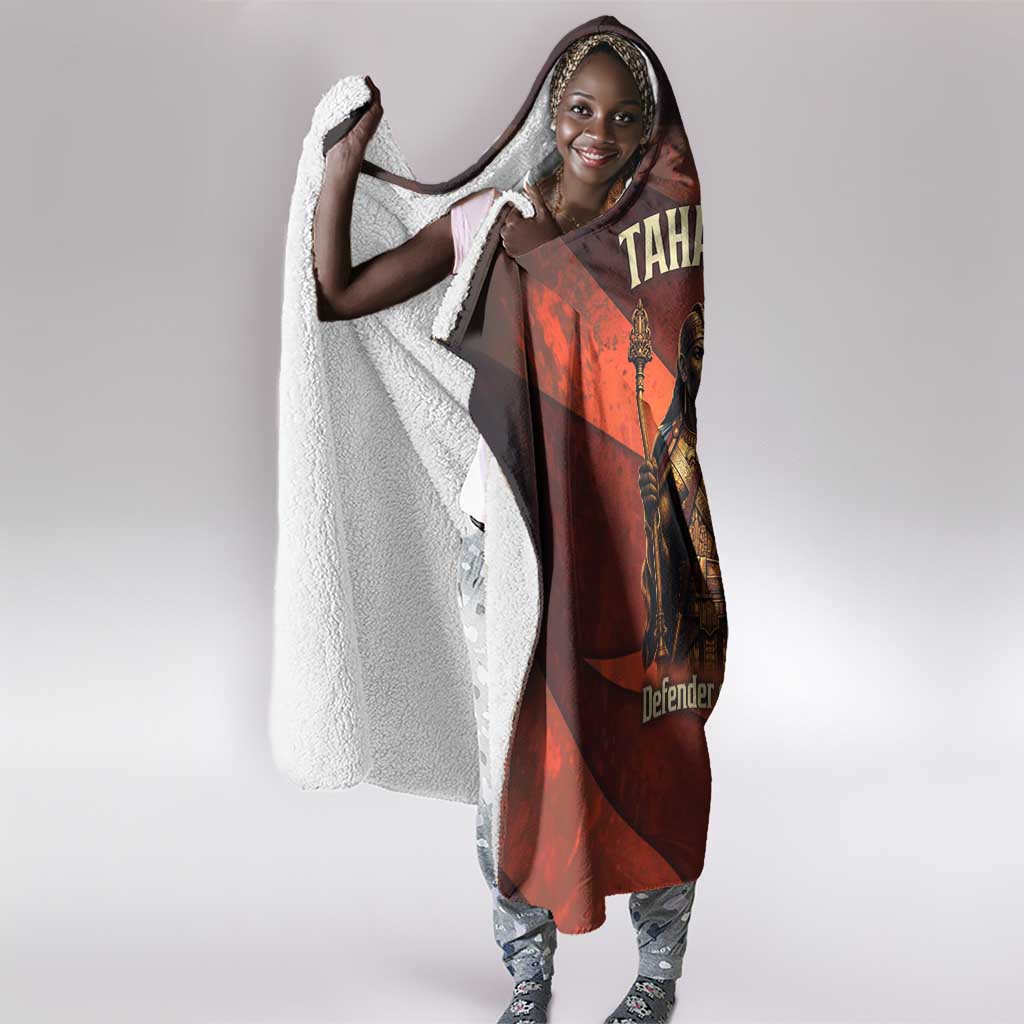 Taharqa Hooded Blanket with Warrior Portrait, Lion of Kush Title and Bold Red Defender of Africa - African Pride