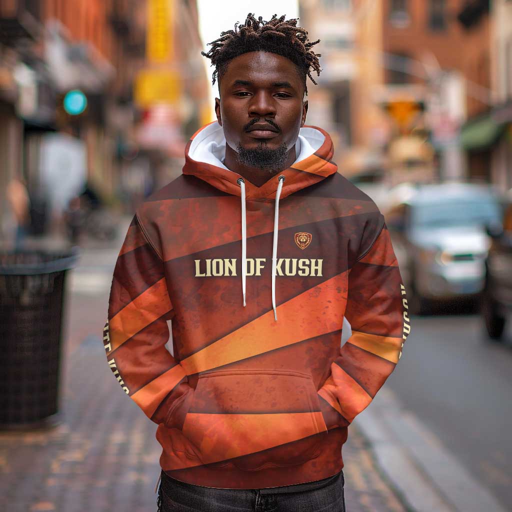Taharqa Hoodie with Warrior Portrait, Lion of Kush Title and Bold Red Defender of Africa - African Pride