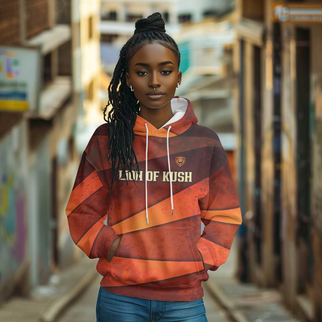 Taharqa Hoodie with Warrior Portrait, Lion of Kush Title and Bold Red Defender of Africa - African Pride