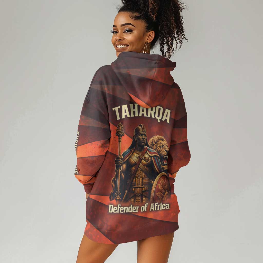Taharqa Hoodie Dress with Warrior Portrait, Lion of Kush Title and Bold Red Defender of Africa - African Pride