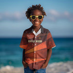 Taharqa Kid Hawaiian Shirt with Warrior Portrait, Lion of Kush Title and Bold Red Defender of Africa - African Pride