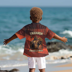 Taharqa Kid Hawaiian Shirt with Warrior Portrait, Lion of Kush Title and Bold Red Defender of Africa - African Pride