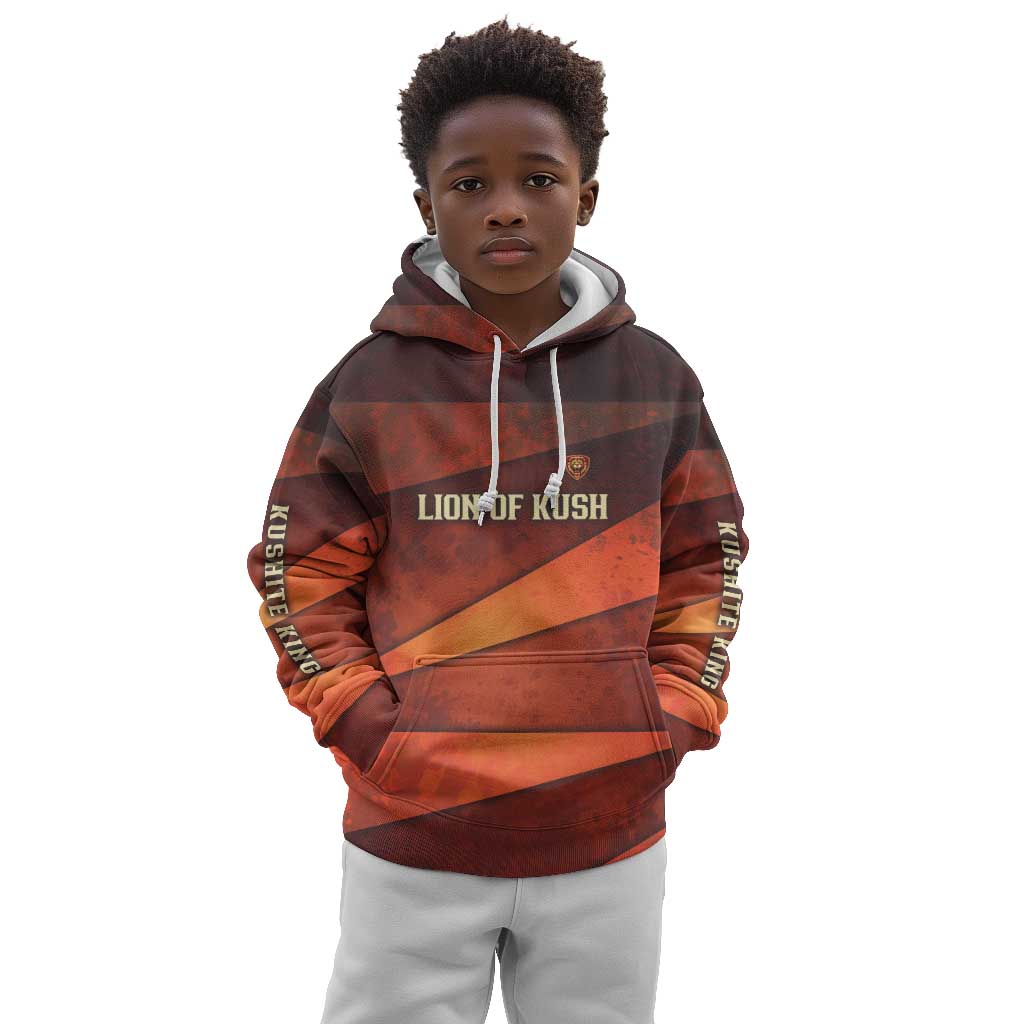 Taharqa Kid Hoodie with Warrior Portrait, Lion of Kush Title and Bold Red Defender of Africa - African Pride