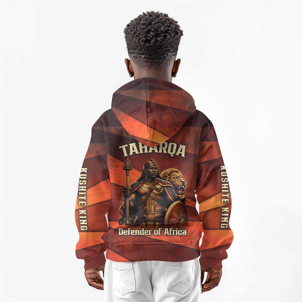 Taharqa Kid Hoodie with Warrior Portrait, Lion of Kush Title and Bold Red Defender of Africa - African Pride