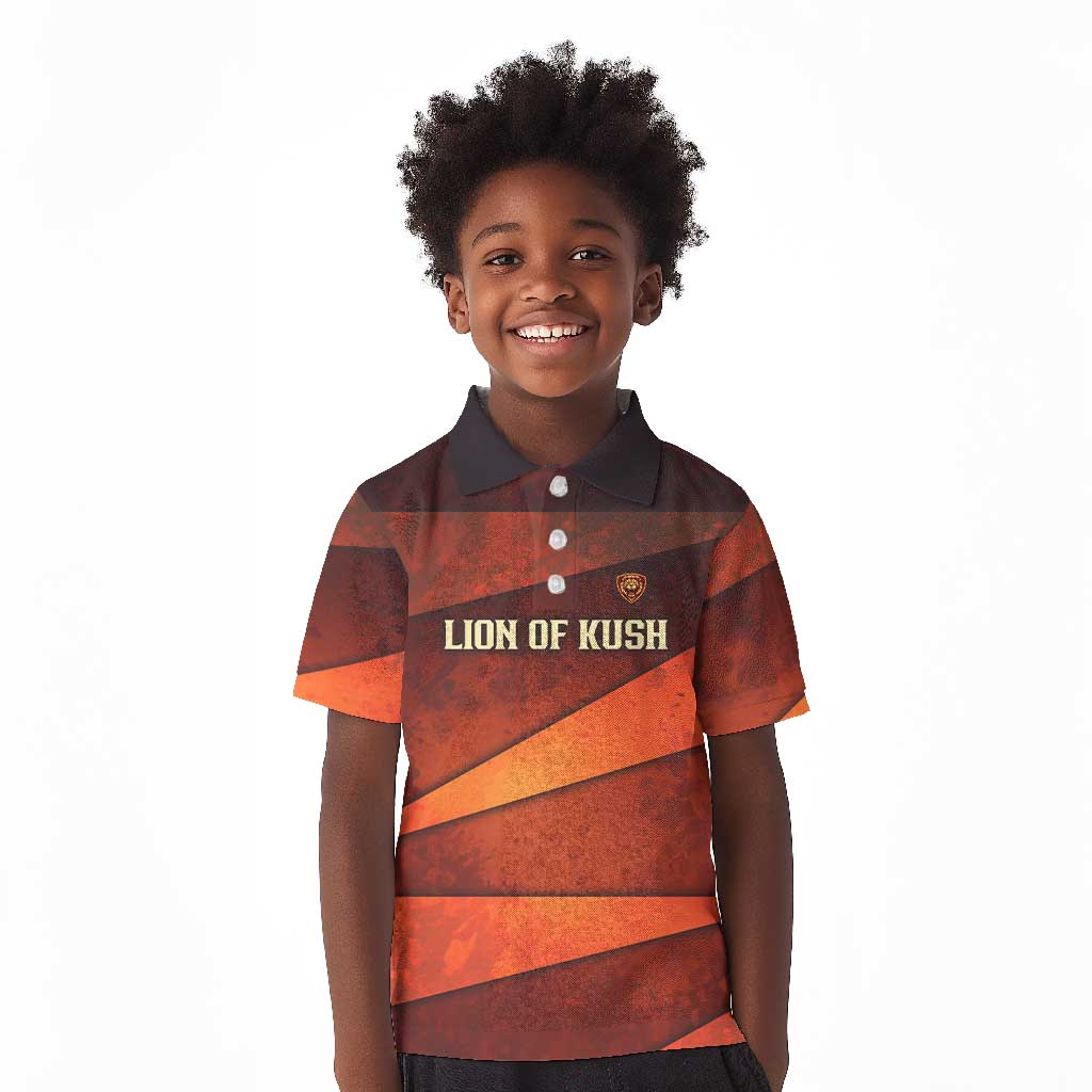 Taharqa Kid Polo Shirt with Warrior Portrait, Lion of Kush Title and Bold Red Defender of Africa - African Pride