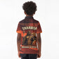 Taharqa Kid Polo Shirt with Warrior Portrait, Lion of Kush Title and Bold Red Defender of Africa - African Pride