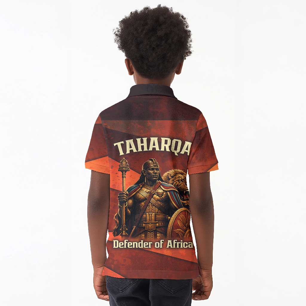 Taharqa Kid Polo Shirt with Warrior Portrait, Lion of Kush Title and Bold Red Defender of Africa - African Pride