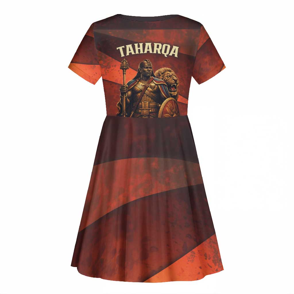 Taharqa Kid Short Sleeve Dress with Warrior Portrait, Lion of Kush Title and Bold Red Defender of Africa - African Pride