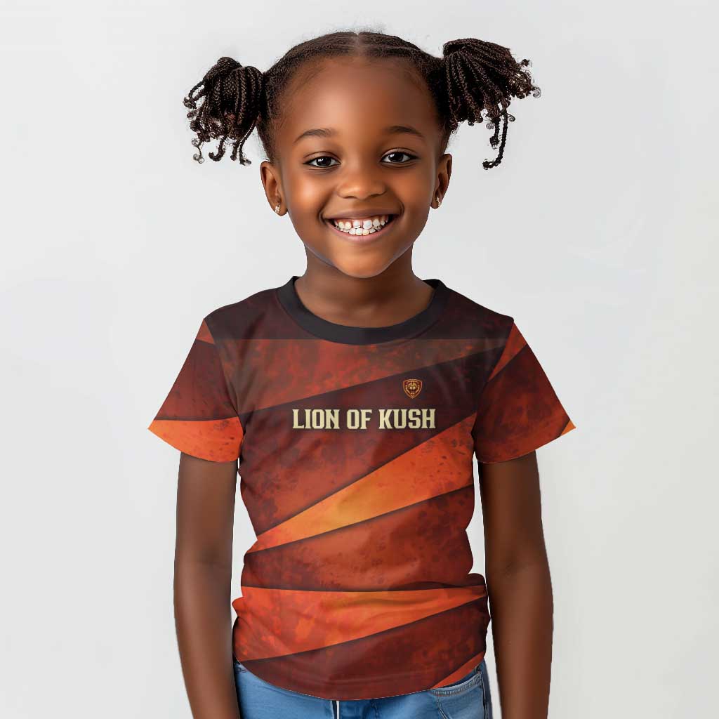 Taharqa Kid T shirt with Warrior Portrait, Lion of Kush Title and Bold Red Defender of Africa - African Pride