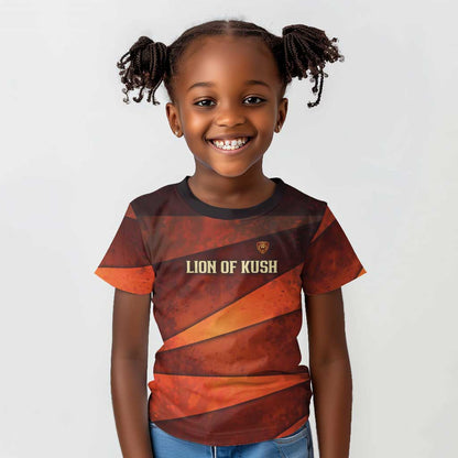 Taharqa Kid T shirt with Warrior Portrait, Lion of Kush Title and Bold Red Defender of Africa - African Pride