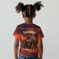 Taharqa Kid T shirt with Warrior Portrait, Lion of Kush Title and Bold Red Defender of Africa - African Pride