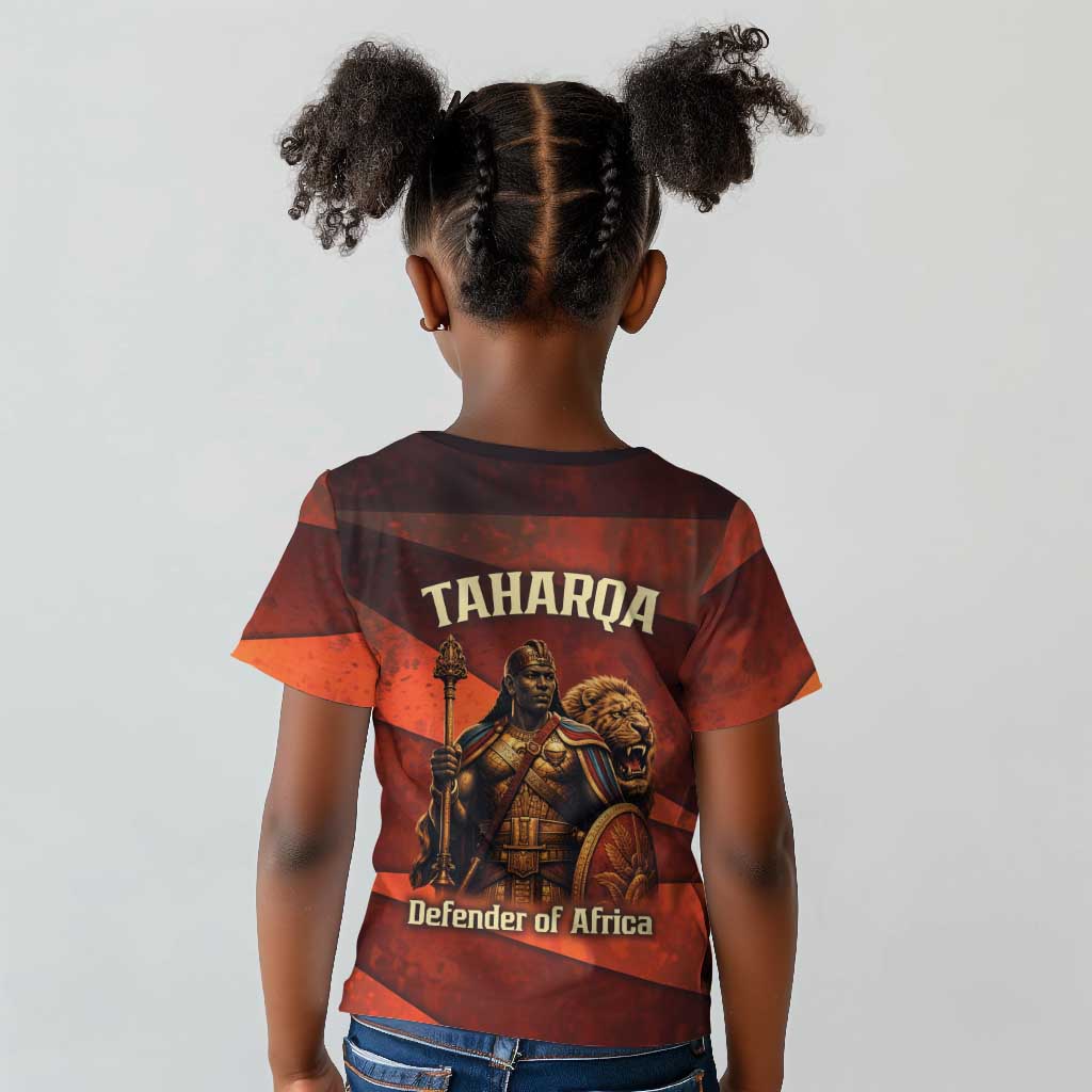 Taharqa Kid T shirt with Warrior Portrait, Lion of Kush Title and Bold Red Defender of Africa - African Pride