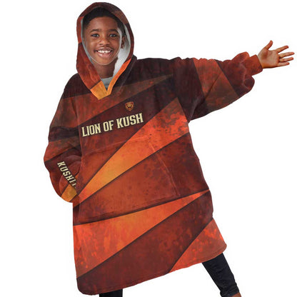 Taharqa Kid Wearable Blanket Hoodie with Warrior Portrait, Lion of Kush Title and Bold Red Defender of Africa - African Pride