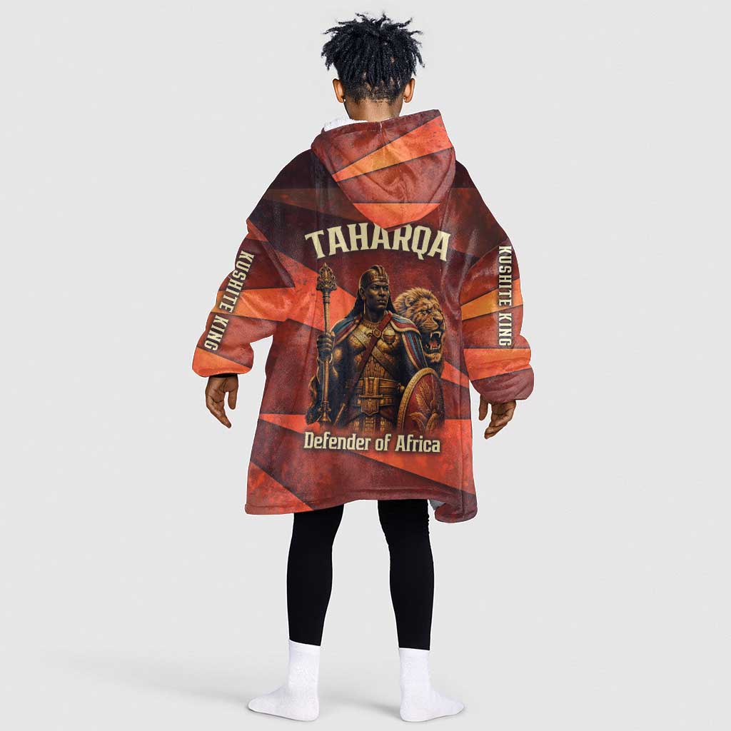 Taharqa Kid Wearable Blanket Hoodie with Warrior Portrait, Lion of Kush Title and Bold Red Defender of Africa - African Pride