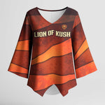 Taharqa Kimono Sleeve Blouse with Warrior Portrait, Lion of Kush Title and Bold Red Defender of Africa - African Pride