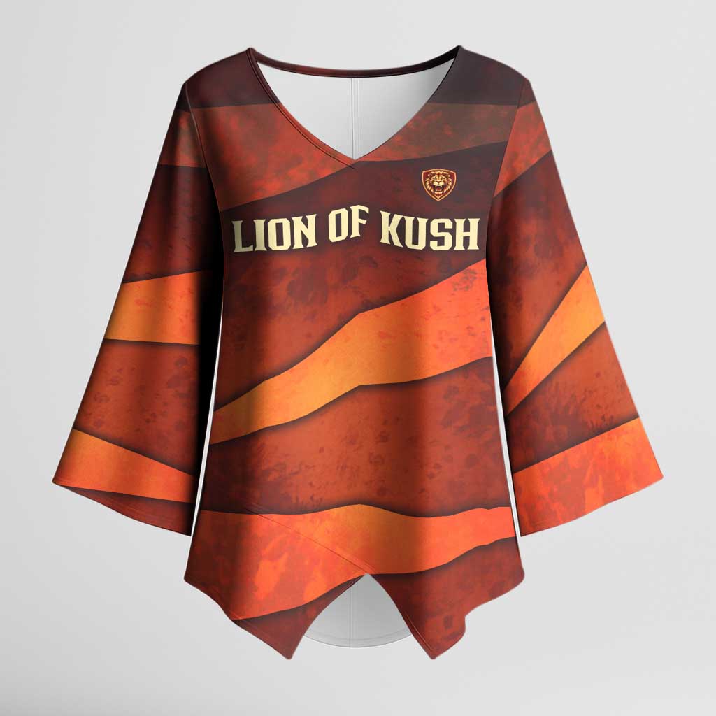 Taharqa Kimono Sleeve Blouse with Warrior Portrait, Lion of Kush Title and Bold Red Defender of Africa - African Pride