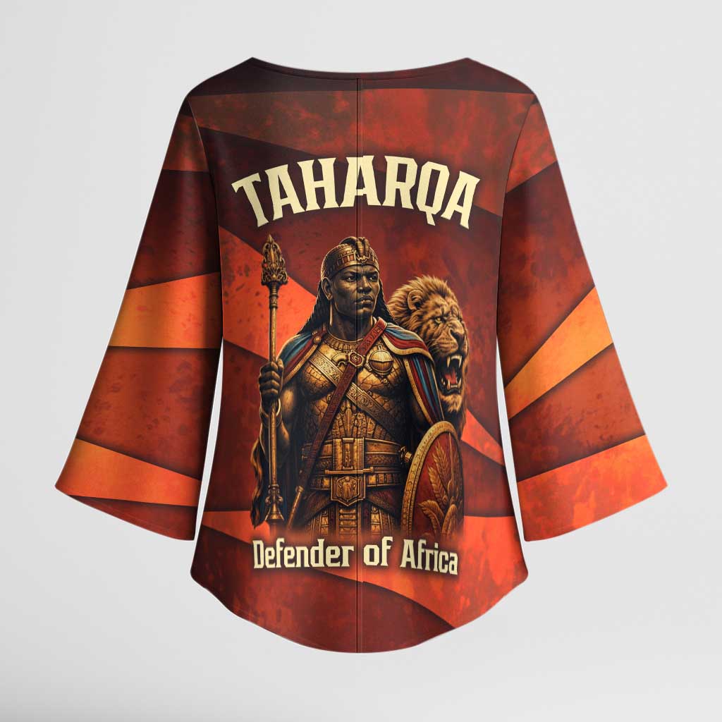Taharqa Kimono Sleeve Blouse with Warrior Portrait, Lion of Kush Title and Bold Red Defender of Africa - African Pride