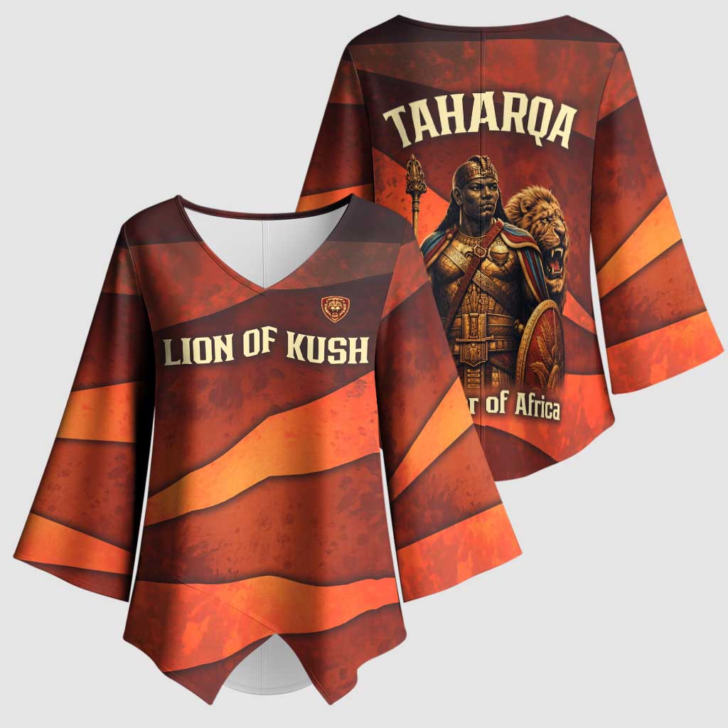 Taharqa Kimono Sleeve Blouse with Warrior Portrait, Lion of Kush Title and Bold Red Defender of Africa - African Pride