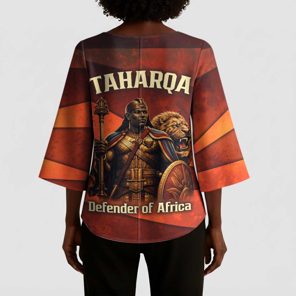 Taharqa Kimono Sleeve Blouse with Warrior Portrait, Lion of Kush Title and Bold Red Defender of Africa - African Pride