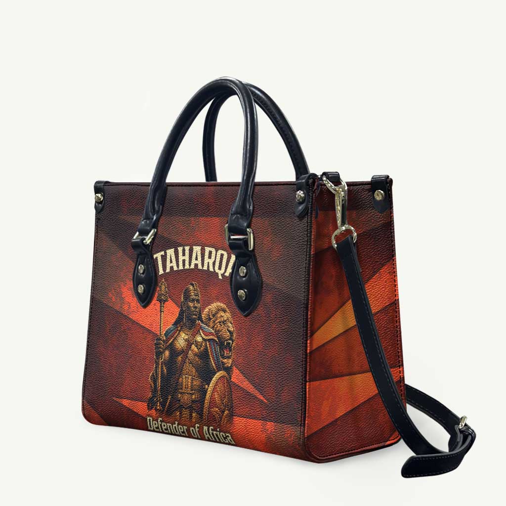Taharqa Leather Bag with Warrior Portrait, Lion of Kush Title and Bold Red Defender of Africa - African Pride