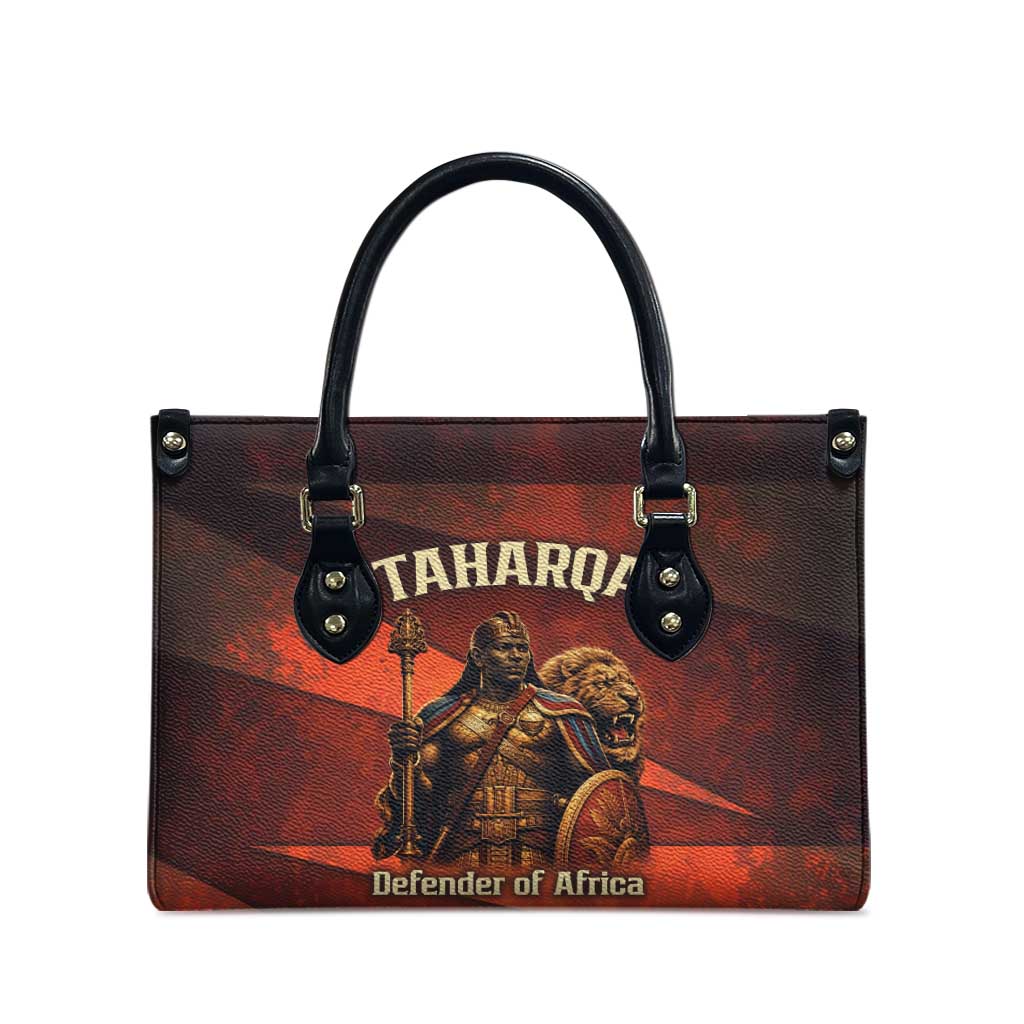 Taharqa Leather Bag with Warrior Portrait, Lion of Kush Title and Bold Red Defender of Africa - African Pride