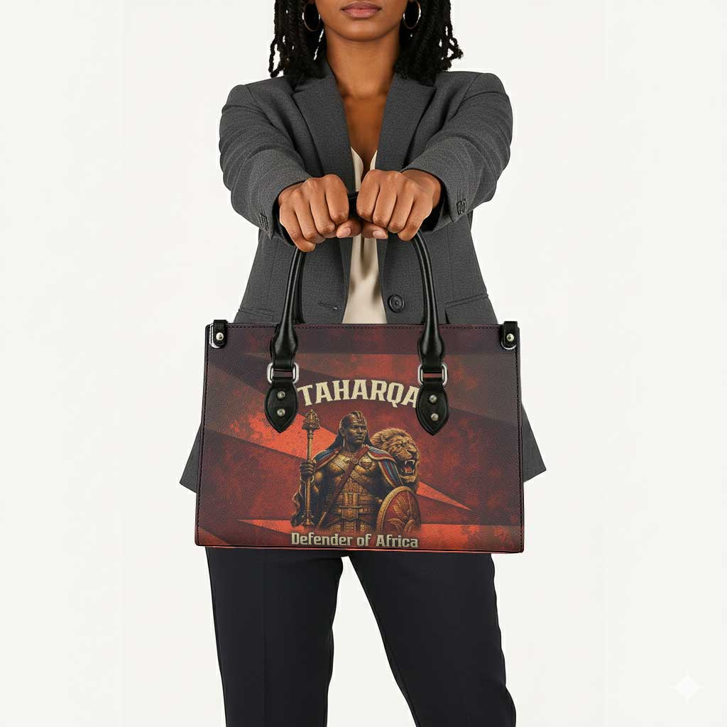Taharqa Leather Bag with Warrior Portrait, Lion of Kush Title and Bold Red Defender of Africa - African Pride