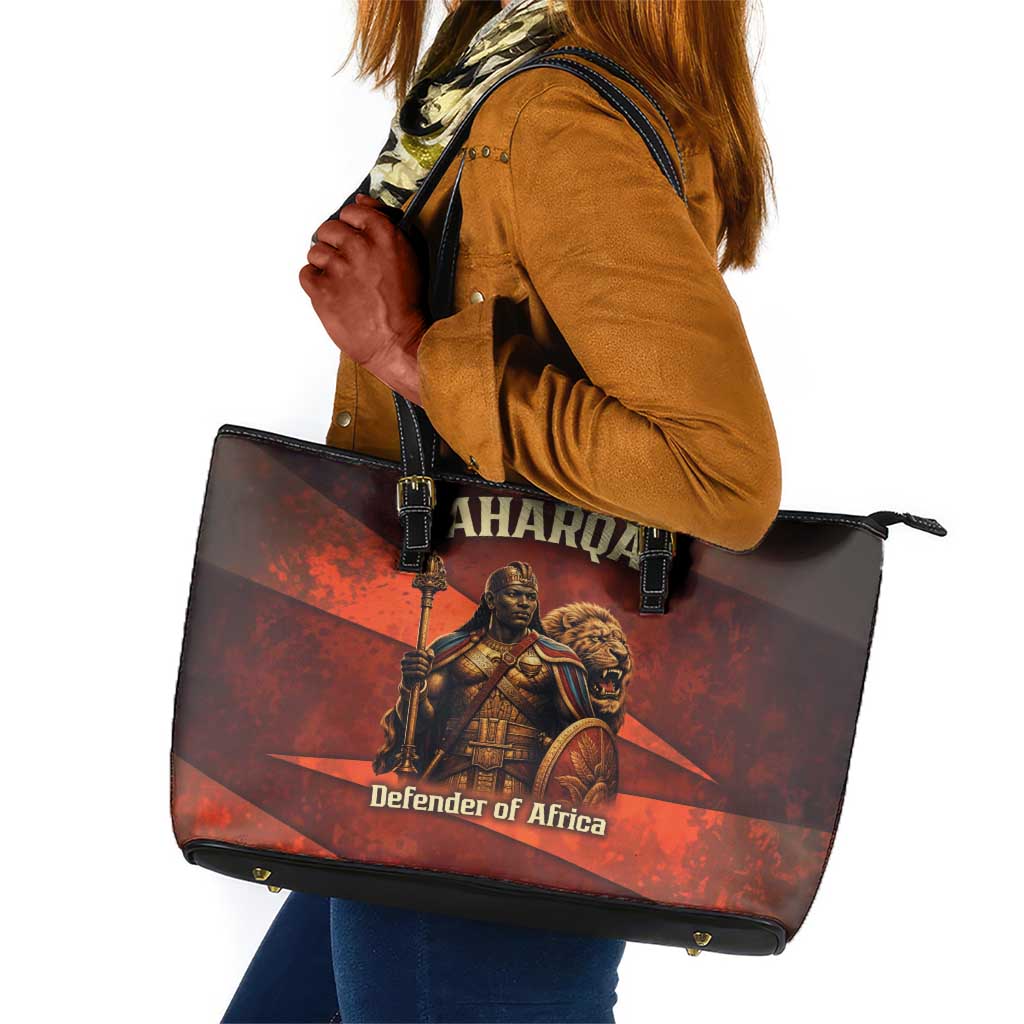 Taharqa Leather Tote Bag with Warrior Portrait, Lion of Kush Title and Bold Red Defender of Africa - African Pride