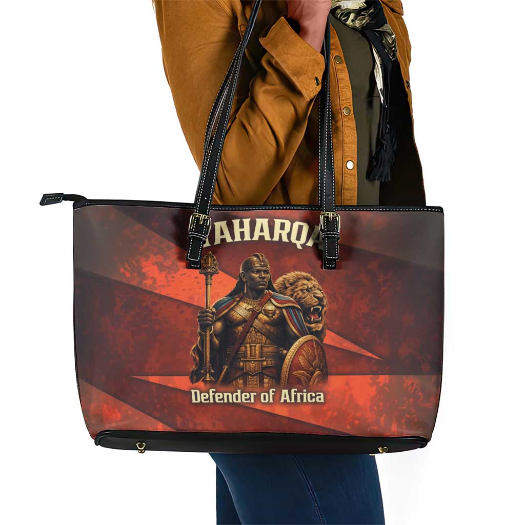 Taharqa Leather Tote Bag with Warrior Portrait, Lion of Kush Title and Bold Red Defender of Africa - African Pride