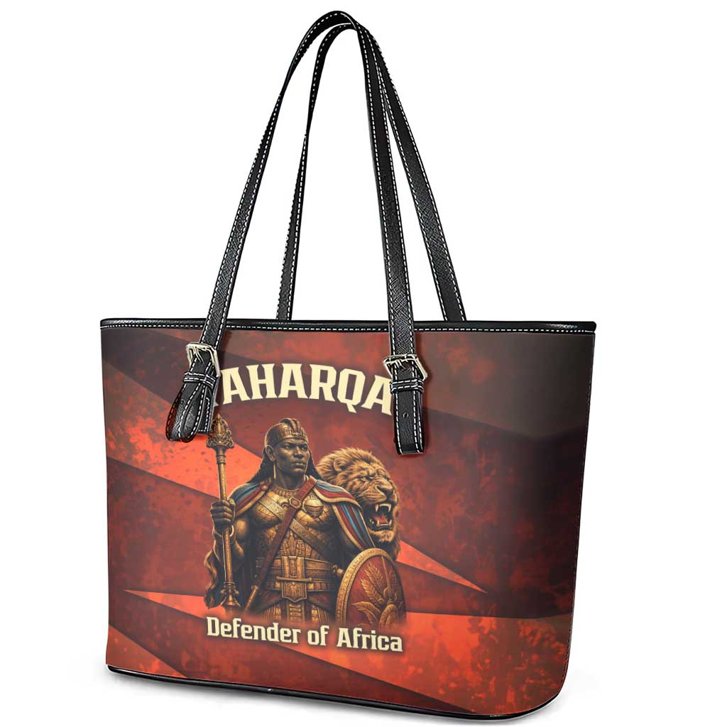 Taharqa Leather Tote Bag with Warrior Portrait, Lion of Kush Title and Bold Red Defender of Africa - African Pride