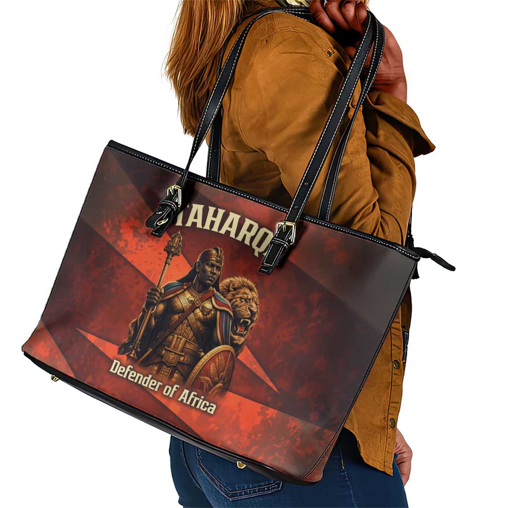 Taharqa Leather Tote Bag with Warrior Portrait, Lion of Kush Title and Bold Red Defender of Africa - African Pride