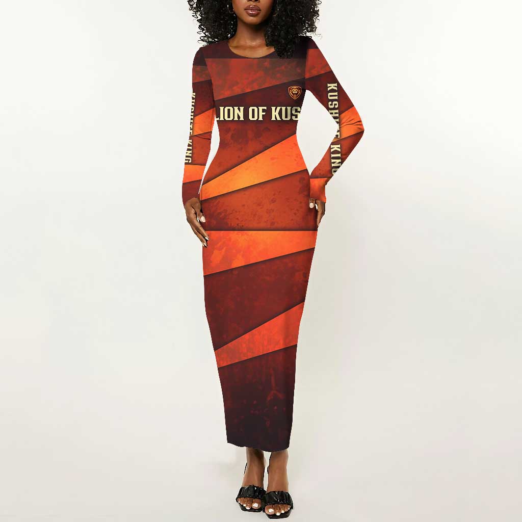 Taharqa Long Sleeve Bodycon Dress with Warrior Portrait, Lion of Kush Title and Bold Red Defender of Africa - African Pride