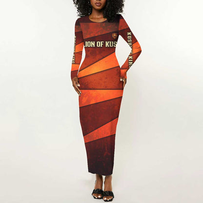 Taharqa Long Sleeve Bodycon Dress with Warrior Portrait, Lion of Kush Title and Bold Red Defender of Africa - African Pride