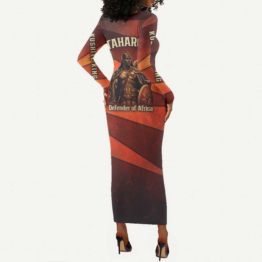 Taharqa Long Sleeve Bodycon Dress with Warrior Portrait, Lion of Kush Title and Bold Red Defender of Africa - African Pride