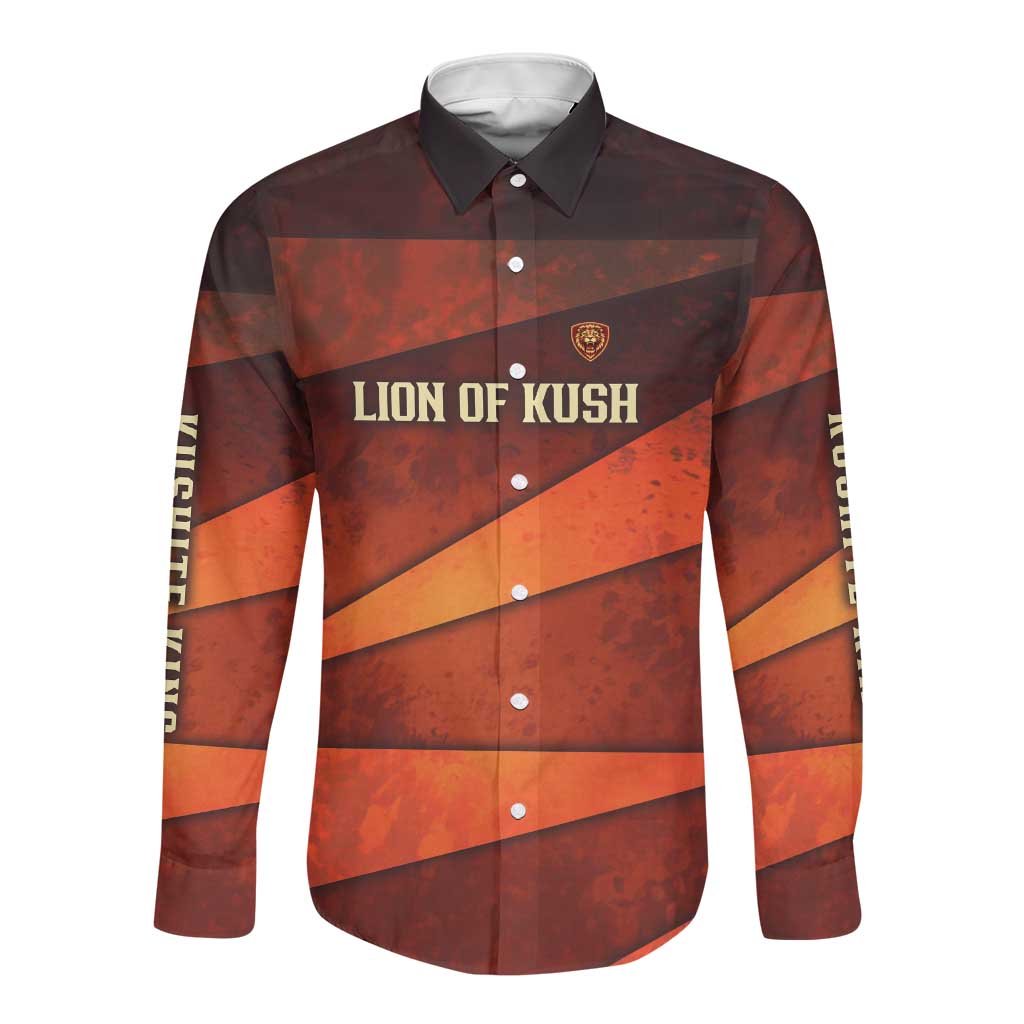 Taharqa Long Sleeve Button Shirt with Warrior Portrait, Lion of Kush Title and Bold Red Defender of Africa - African Pride