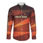 Taharqa Long Sleeve Button Shirt with Warrior Portrait, Lion of Kush Title and Bold Red Defender of Africa - African Pride