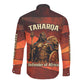 Taharqa Long Sleeve Button Shirt with Warrior Portrait, Lion of Kush Title and Bold Red Defender of Africa - African Pride