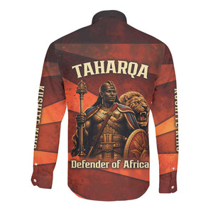 Taharqa Long Sleeve Button Shirt with Warrior Portrait, Lion of Kush Title and Bold Red Defender of Africa - African Pride