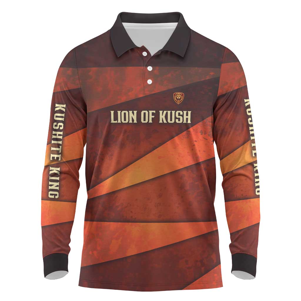 Taharqa Long Sleeve Polo Shirt with Warrior Portrait, Lion of Kush Title and Bold Red Defender of Africa - African Pride