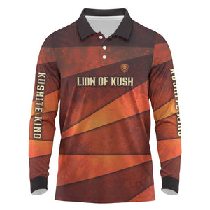 Taharqa Long Sleeve Polo Shirt with Warrior Portrait, Lion of Kush Title and Bold Red Defender of Africa - African Pride