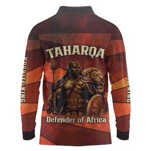 Taharqa Long Sleeve Polo Shirt with Warrior Portrait, Lion of Kush Title and Bold Red Defender of Africa - African Pride
