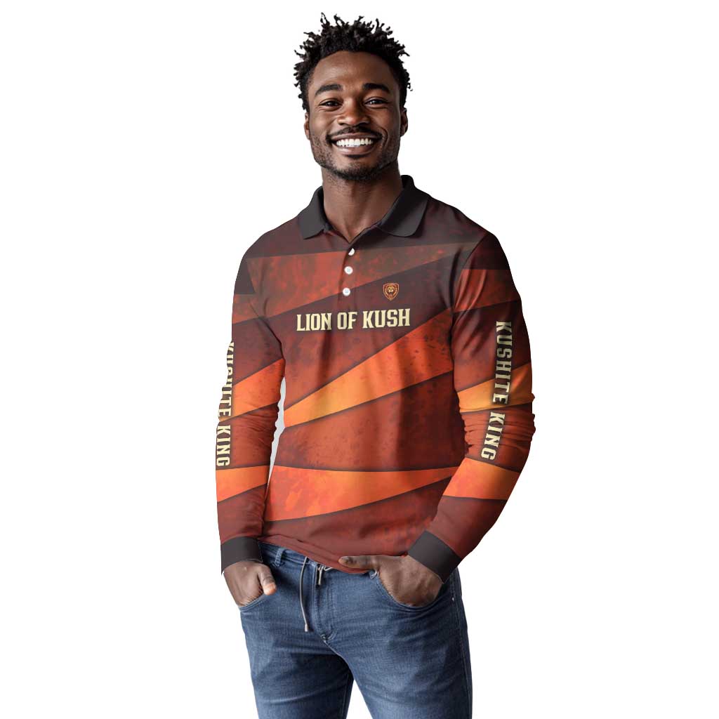 Taharqa Long Sleeve Polo Shirt with Warrior Portrait, Lion of Kush Title and Bold Red Defender of Africa - African Pride