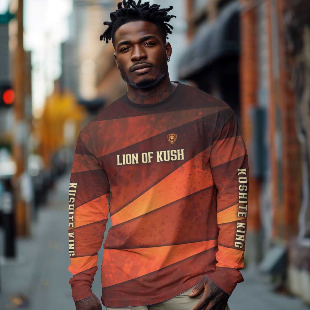 Taharqa Long Sleeve Shirt with Warrior Portrait, Lion of Kush Title and Bold Red Defender of Africa - African Pride