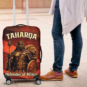 Taharqa Luggage Cover with Warrior Portrait, Lion of Kush Title and Bold Red Defender of Africa - African Pride