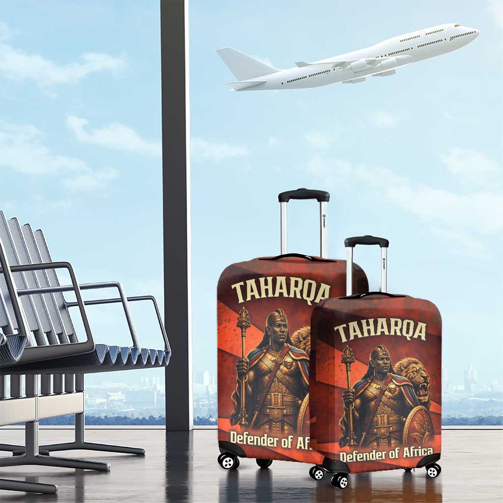 Taharqa Luggage Cover with Warrior Portrait, Lion of Kush Title and Bold Red Defender of Africa - African Pride