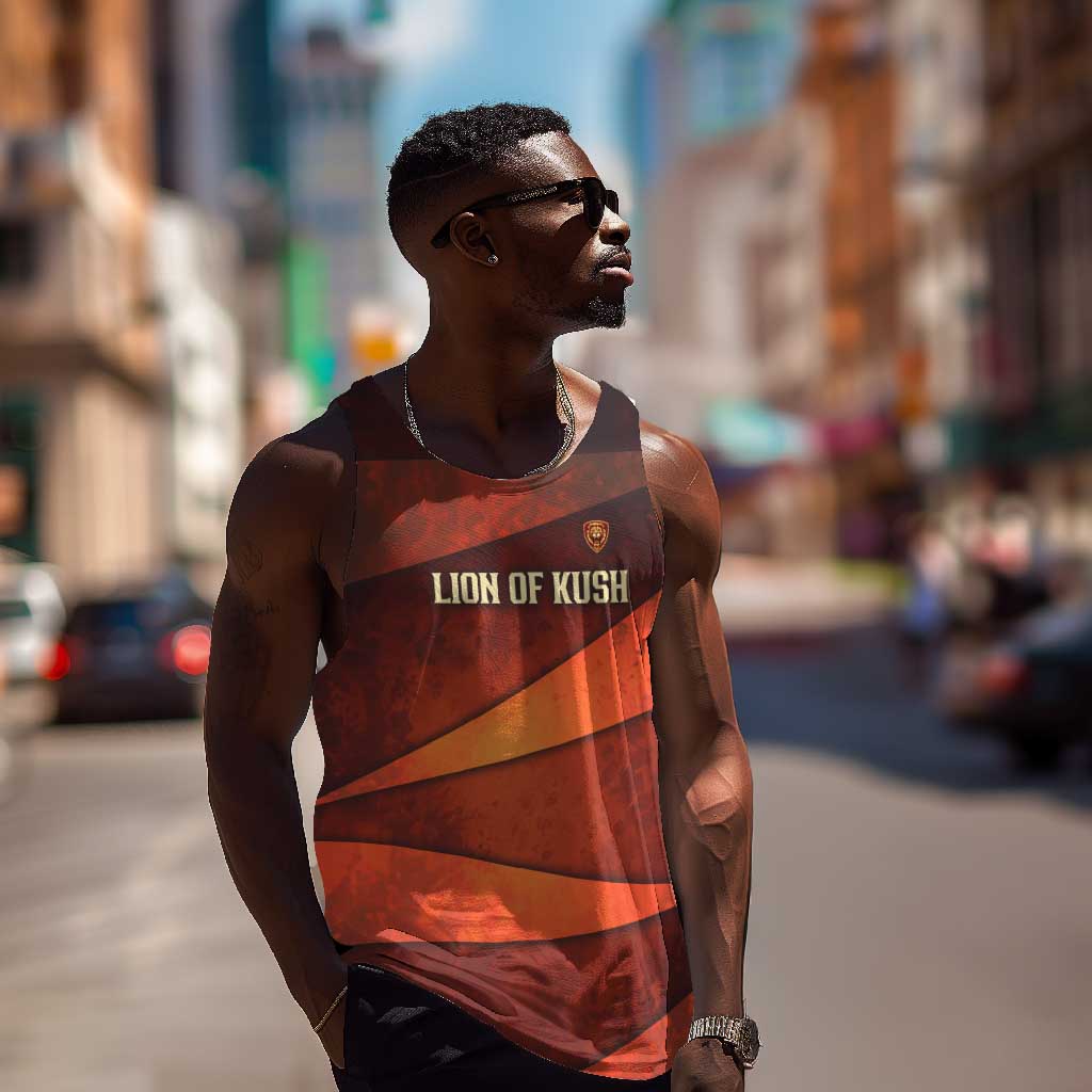 Taharqa Men Tank Top with Warrior Portrait, Lion of Kush Title and Bold Red Defender of Africa - African Pride