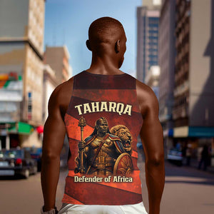 Taharqa Men Tank Top with Warrior Portrait, Lion of Kush Title and Bold Red Defender of Africa - African Pride