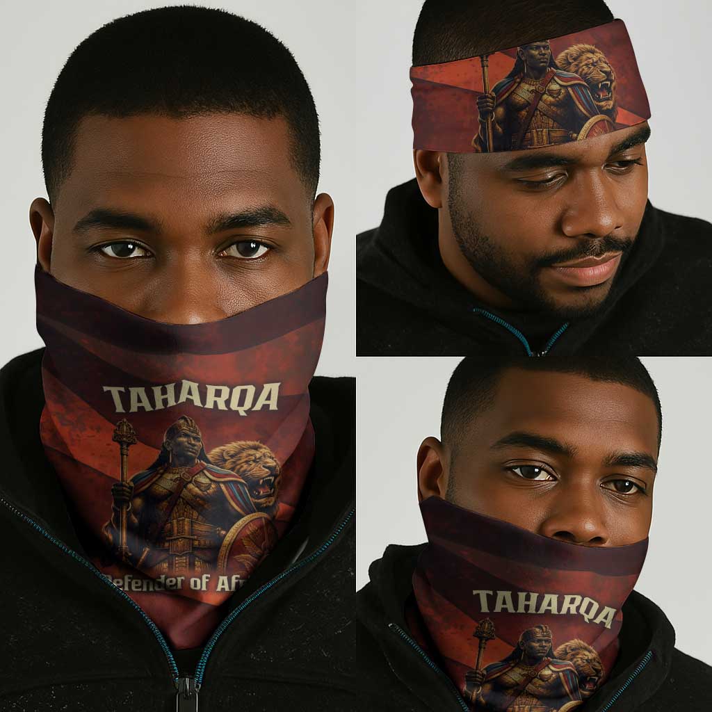 Taharqa Neck Gaiter with Warrior Portrait, Lion of Kush Title and Bold Red Defender of Africa - African Pride